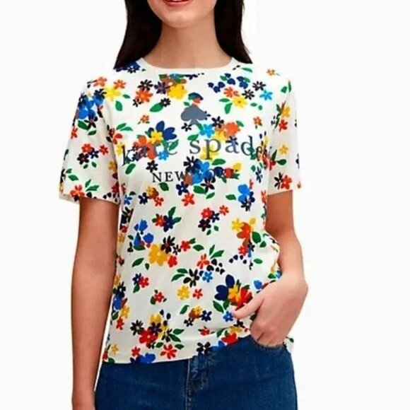 Kate Spade Sailing White Floral Logo Crewneck T-shirt - Picture 1 of 7